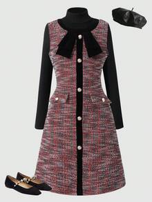 Conjunto de camiseta de cuello alto sólida y vestido ajustado sin mangas con bolsillo falso y lazo para niña preadolescente, elegante y vintage, adecuado para uso diario, citas y reuniones - Negro - Ver 7