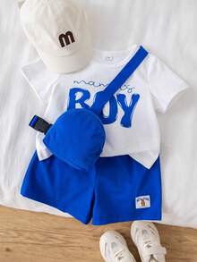 SHEIN 3pcs/Set Baby Boy Baby Boy Casual Cute White T-Shirt Knit Top, Navy Blue Crossbody Bag And Shorts Set, Spring/Summer - Royal Blue - View 4