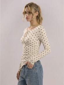 Muvela 春夏新款复古学院风黑白波点圆领套头衫，腰部系带褶皱设计，网纱面料，优雅嘉年华派对时尚可爱都市通勤办公女装 - 白色 - 查看 7