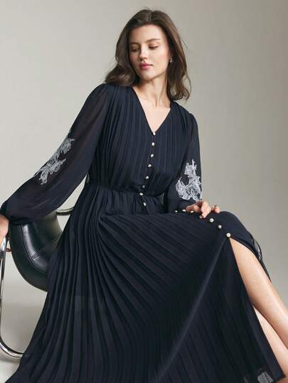 Ontre 2026 Spring/Summer New Indigo Blue Heavily Pleated V-Neck Dress, Metal Decor Buttons, Chiffon Fabric, Lace Sleeve Trim, Adjustable Waist Tie Bow, Lantern Sleeve, Flared Skirt, Versatile Wear For Women