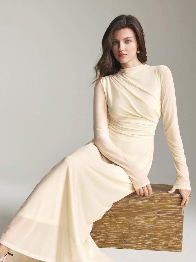 2026SS New Summer Maxi Dress, Women's Extra Long Dress, Minimalist High-End Design Versatile For Daily Wear, Apricot Color, Soft Knit Fabric, Stand Collar, Fitted Silhouette, Women's Long Dress, Business Casual, Office Commute, Daily Wear, Korean Style, Romantic Date, Holiday Party, Wedding Guest, Women's Office Outfit, Best-Selling Solid Color Versatile Women's Extra Long Dress