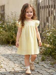 SHEIN Vintaside Kids 女嬰幼兒/新生兒 0-3 歲休閒可愛甜美荷葉袖洋裝，適合春夏季日常穿著 - 粉色 - 查看 6