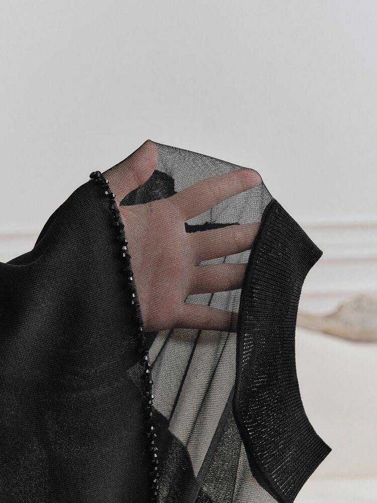 Blusa de manga larga ajustada con malla y cuentas para mujer