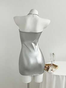 Elamini 女士休闲优雅派对褶皱亮片抹胸连衣裙 - 銀色 - 查看 2