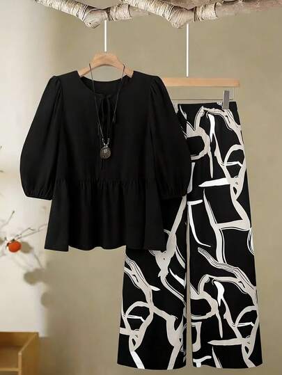 Linhara Plus Size 2pcs Set: 5/Short Sleeve Casual Shirt With Comfortable & Straight Leg Casual Slimming Pants Ladies Casual Sets Blouse And Pants Set Two Piece Set Pants Two Piece Set Curve Pants Set