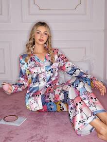 情人节可爱卡通猫图案翻领开衫女士睡衣套装 - 彩色 - 查看 5