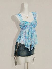 SHEIN ICON 女士碎花不对称下摆可爱碎花衬衫，甜美夏秋上衣女装 - 藍色 - 查看 7