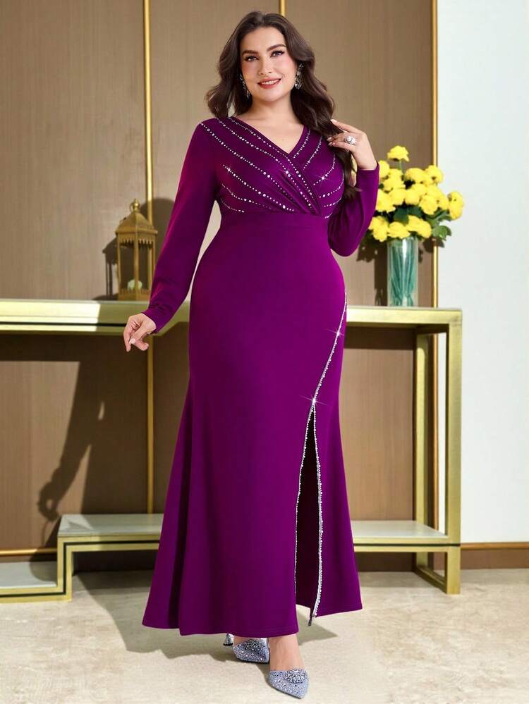 Modelyn 大码女式纯色水钻装饰V领长袖侧开衩下摆优雅连衣裙 - 紫色 - 查看 6