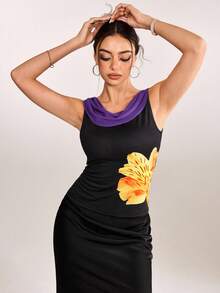 plantica Casual Sexy Urban Chic Floral Contrast Color Print Draped Neck Camisole Top, Suitable For Outings, Travel, Dates, Parties, Holidays, Valentine's Day, Spring/Summer,Going Out,Sexy, Elegant,, Wedding Guest, Music Festival, Musician, Night Club - Multicolor - View 7