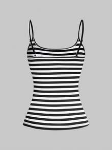 SHEIN Essnce 女士三件套休闲吊带背心套装，黑色条纹混色休闲女式上衣，修身吊带背心，夏季上衣，夏季服装，女士上衣，夏季女士上衣，三件套修身休闲纯色上衣 - 杏色 - 查看 6