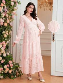 SHEIN Elegant Maternity V-Neck Long Sleeve Ruched Waist Dress - Pink - View 1