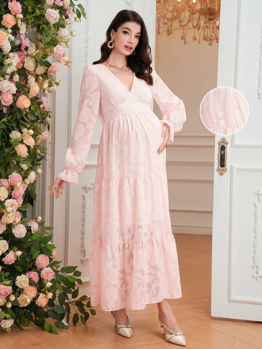 SHEIN Elegant Maternity V-Neck Long Sleeve Ruched Waist Dress - Pink - View 1