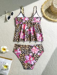 SHEIN 少女花卉豹纹吊带比基尼泳衣套装，夏季豹纹泳装，动物纹泳衣，少女豹纹泳装，两件式泳衣，豹纹吊带比基尼，花卉豹纹泳装，豹纹泳衣上装 - 彩色 - 查看 2