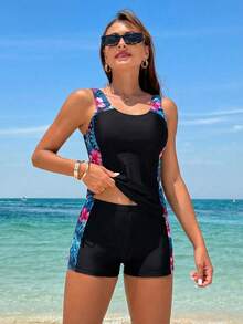 Swim Lushoire 2pcs Women's Vintage Floral Print Patchwork Vacation Mature Style Camisole Bikini Set, Classic Camisole Bikini Two Pieces Suit, Spring/Summer - Black - View 4