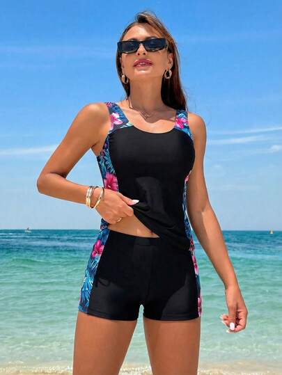 Swim Lushoire 2 delar damer vintage blommönster lapptäcke semester mogen stil linne bikiniset, klassisk linne bikiniset tvådelad, vår/sommar