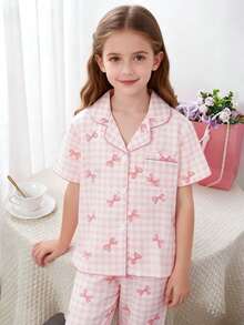 SHEIN School Girl Pajamas - Girls Cute Butterfly & Plaid Print Short Sleeve Collared Cardigan With Loose Pants 2 Pieces Sleepwear Set - Multicolor - View 3