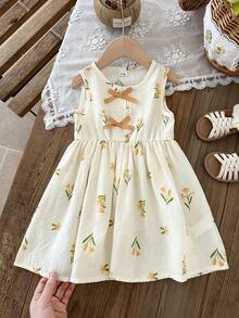 SHEIN 女婴休闲碎花连衣裙，饰有蝴蝶结，适合春夏季节、居家、户外、度假、日常穿着 - 彩色 - 查看 7