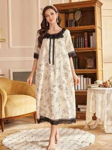 PalaceNights Áo ngủ tay ngắn kiểu cung đình dành cho nữ, họa tiết hoa, viền ren tương phản. - Màu be - Xem 4