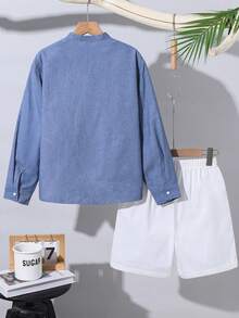 SHEIN 两件套儿童/青少年男童休闲日常舒适立领开襟宽松长袖衬衫和纯色短裤套装，适合上学、花园、海滩、生日、春季、夏季、秋季、冬季穿着。 - 彩色 - 查看 5