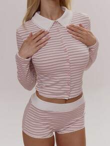 MUSERA Pink Stripe Autumn Cute Loungewear Picot Trim Collared Button Through Fitted Longsleeve Top With Mini Shorts Coord Sold As Set Girly Daily - Pink - View 2