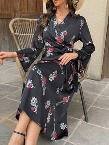 DAZY Damen Kleid mit V-Ausschnitt, tailliert, Langarm, Blumendruck, Sommerkleid für Frauen - Schwarz - Übersicht 10