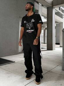 Heavens Edit 男士时尚赛车风格英式印花休闲 T 恤，图案 T 恤 - 黑色 - 查看 3