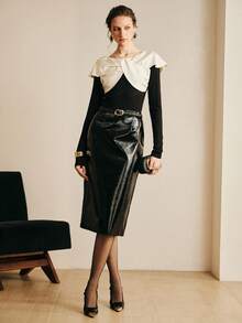 Arave 女士黑色高弹针织修身缎面滚边领口纽扣结设计，优雅约会上衣，情人节女士黑色上衣，春季款 - 黑色 - 查看 3