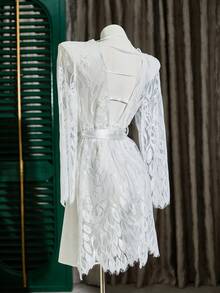 SHEIN Backless Lace Hollow-Out Sexy Women Robe - White - View 8