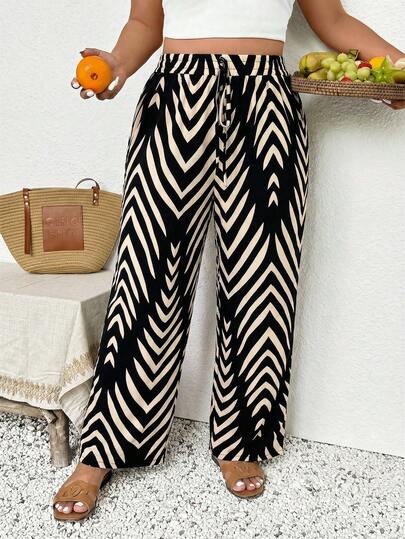 SHEIN Frenchy Plus Size Women's Waist Tie Striped Wide Leg Loose Casual Pants