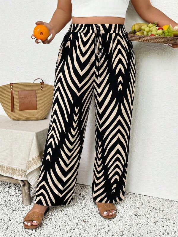 SHEIN Frenchy Plus Size Women's Waist Tie Striped Wide Leg Loose Casual Pants