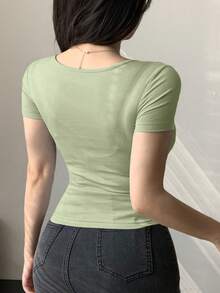 DAZY Women V-Neck Twisted Short Sleeve Slim Crop Top T-Shirt - Mint Green - View 5