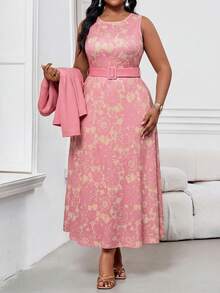 SHEIN Lady 2件套加大码女式商务抽象波浪印花简约圆领系带度假中长连衣裙套装外出穿搭两件套 - 粉色 - 查看 3
