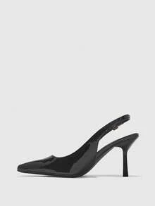 CUCCOO BIZCHIC Women's Pointed Toe Black Patent Leather Metal Buckle Open Toe Fashion Pumps, Elegant For Office And Commute Spring Shoes - Black - View 10