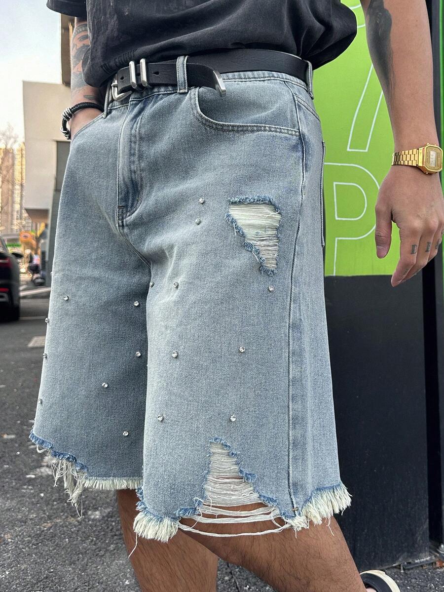DAZY Men's Distressed Denim Shorts With Rivet Design, Casual Street Style, Summer - Blue - View 1