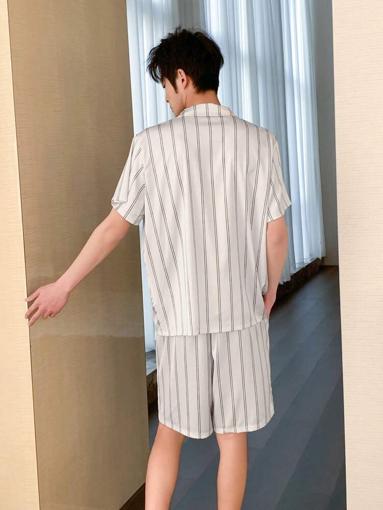 Summer Striped Multicolor Short Sleeve Shirt Paired With Patterned Embroidered Shorts Men Pajama Set