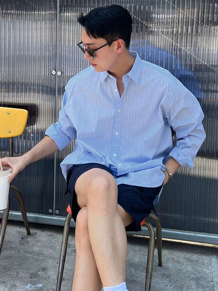 Men's Striped Long Sleeve Shirt And Shorts Set, Summer