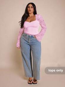 SHEIN BAE 大码女士优雅钥匙孔领撞色蕾丝长袖修身衬衫，春夏款 - 淺粉色 - 查看 4