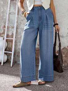 EMERY ROSE Women's Pocketed Button Pleated Casual Versatile Daily Wear Wide Leg Jeans,Women's High Waist Wide Leg Denim Pants – Pleated Loose Fit Summer Casual Outfits,Women's Pleated Wide Leg Denim Jeans High Waist Y2K Coquette Street Style,Women's Elegant Wide Leg Denim Trousers – High Waist Pleated Vacation Style,Women's Light Wash High-Waist Wide Leg Denim Pants, Featuring Front Pleated Detailing, Loose Flowy Silhouette, Side Pockets, And Wide Cuffed Hems. Soft Breathable Denim Fabric, Versatile Styling, Perfect For Summer Daily, Vacation, Y2K Coquette & Casual Streetwear Looks,WideLegJeans, HighWaistDenim, PleatedDenim, LightWashDenim, SummerJeans, Y2K, CoquetteStyle, CasualStreetwear - Blue - View 5