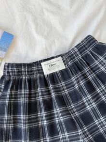 SHEIN 少女蓝白格子印花松紧腰贴布休闲短裤 - 藍白色 - 查看 5