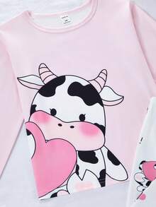 Genkimix Kids 2pcs/Set Girls Cute Pink Cow Print & Full Print White Pants Comfortable Casual Pajama Homewear Set, Autumn/Winter - Pink - View 7