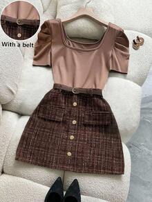 Franclia 方领修身性感罗纹泡泡袖A字格纹收腰装饰半身裙两件套 - 卡其色 - 查看 4