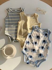 SHEIN 3pcs Newborn Baby Unisex Clothes, Cute Knitted Striped Cartoon Elephant Print Rompers, Summer Basic Bodysuit Outfit Set - Multicolor - View 5