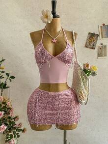 Soleia 女士度假休闲套装，春夏款 - 粉色流苏亮片吊带上衣搭配同款低腰亮片迷你裙两件套，适合海滩、邮轮、度假村等场合。 - 粉色 - 查看 7