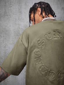 AXEPEAK Men's Street Style Air Layer Suede Flocked Loose Dropped Shoulder Crew Neck Short Sleeve T-Shirt - Army Green - View 5