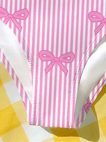 Cute Striped Bow Print, Cream Pink, Beach Vacation, #Coconutgirl, Tween Girls Casual Minimalist Camisole & Triangle Bikini Swimsuit Set, Suitable For Summer Princess Chic, Little Stars, Tween Girl Swimwear, Vacay Romance - Pink - View 7
