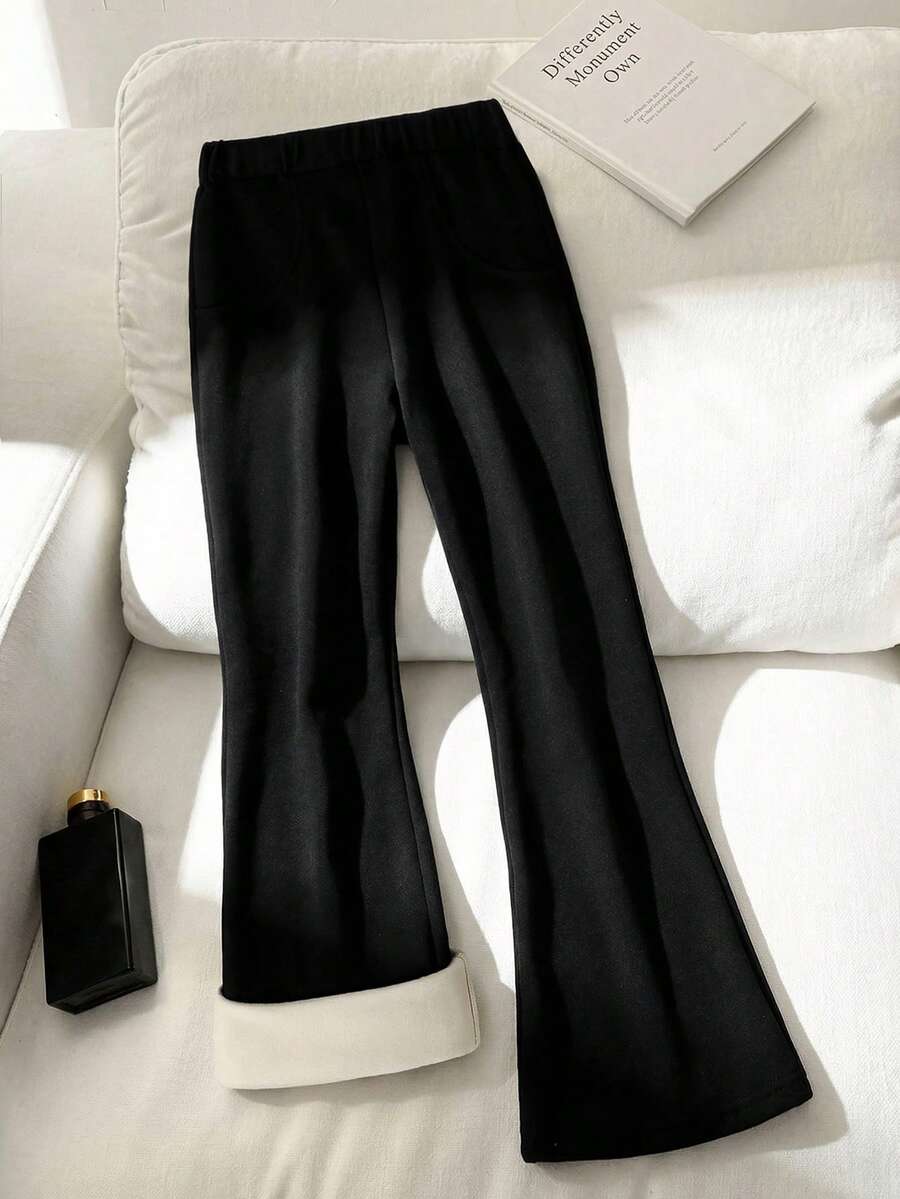 秋冬款青少年女童休闲舒适中腰喇叭裤保暖内衬打底裤 - 黑色 - 查看 1