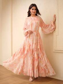 SHEIN X Scot Louie ZEYLAH Elegant Romantic Floral Print Flowy Ruffle Hem A-Line Dress, Spring/Summer - Baby Pink - View 5