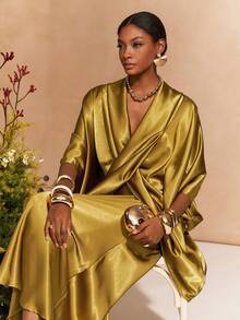 Zivah New Spring/Summer Commuter Elegant Loose Mustard Yellow Crossover Silhouette Top + Satin Skirt Women Two Pieces Set,Suitable For Valentine's Day , Dates, Party, Gatherings, Holidays, Vacation,Nomadic Style, Beach, Seaside,Concerts, Everyday Outings, New Year's, Revelry, Brunch Outfits, Wedding Guest Outfits, Wedding Season,Casual-A - Mustard Yellow - View 5