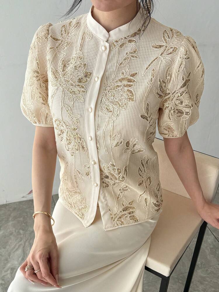 Women's Elegant Sequin Collar Puff Sleeve Blouse, Summer,Wedding Guest Dress Women