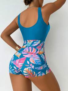 Swim Lushoire 女士热带印花拼接连体泳衣，度假沙滩装 - 水鴨藍 - 查看 2